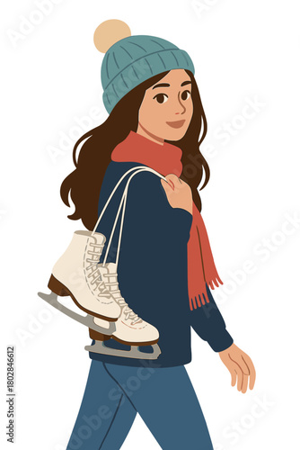 A beautiful young woman in ice skates heading to the rink