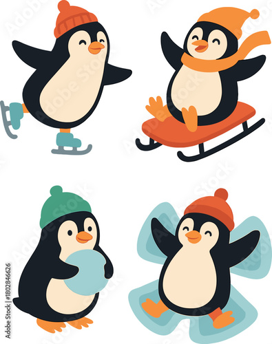 A flat-style, colorful vector illustration featuring a variety of cute, funny penguins enjoying winter leisure, with all elements isolated