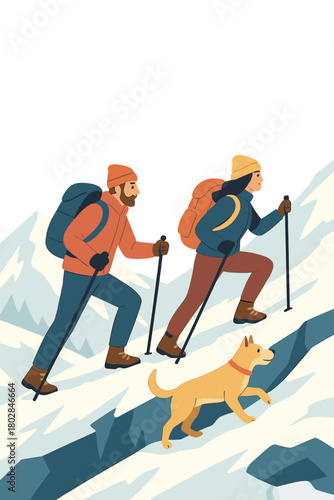 An energetic couple climbs rugged snowy mountains with their dog during winter