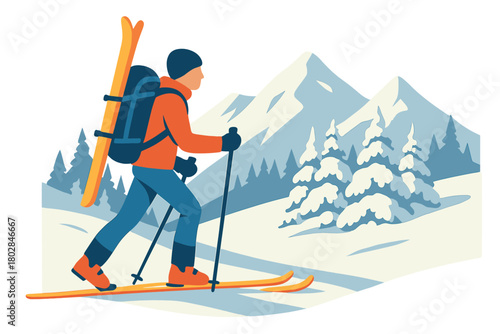A mountaineer engages in backcountry ski touring, traversing alpine terrain dotted with snow‑covered trees, embracing the adventure of winter sport