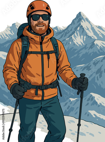 A mountaineer portrait of a climber on a snowy mountain summit under a sunny day, showcasing skiing activity, with skiers enjoying winter sports in an alpine outdoor setting, captured from a front