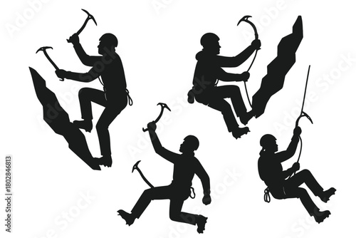 Silhouette vector set depicting ice climbing, a mountaineering extreme sport concept, set against an isolated background, rendered as a vector illustration