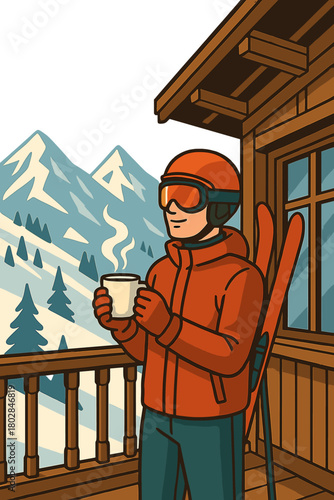 A skier, clutching a steaming beverage, stands on the balcony of a luxurious ski resort