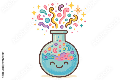 Magical Potion Delight. Smiling alchemy flask bubbling with colorful doodle potions, tiny stars and sparkles floating above