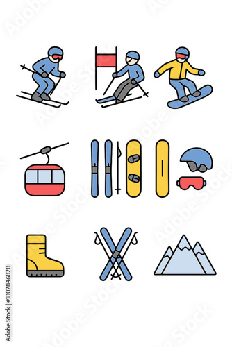A set of flat‑line winter sport icons featuring vector illustrations of ski resort symbols, including a skier, slalom, snowboarder, cableway, and equipment, all with editable strokes