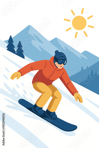 Snowboarding Thrills: A rider cuts a path down a snowy mountain on a sunny day