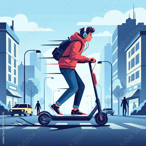 A young man with headphones and a backpack rides an electric scooter quickly through a modern city street.
