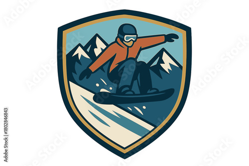 A snowboarder executes a trick within a shield-shaped emblem featuring mountains, capturing the essence of winter sport