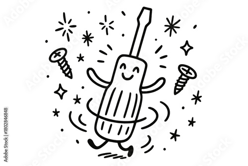 Dancing Screwdriver Delight. Whimsical doodle vector illustration of a smiling screwdriver twirling happily, surrounded by doodle