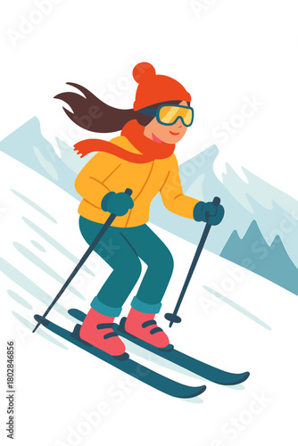 A girl in bright winter gear skis down a snowy mountain