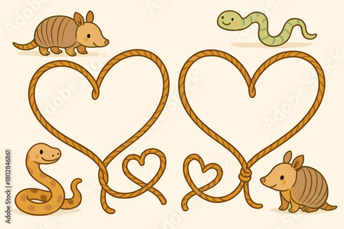 Heart-Shaped Lasso Loops. Friendly lasso loops forming hearts, tiny smiling critters like armadillos and snakes watching