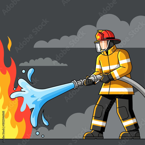 A firefighter in full gear is spraying water to extinguish a large fire.