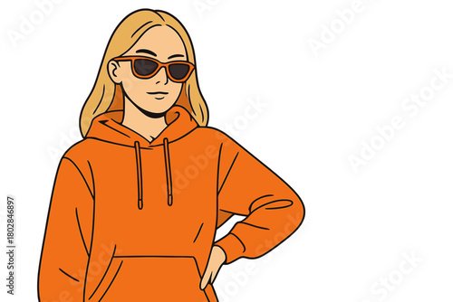 A confident young blonde girl in a stylish orange hoodie and colored sunglasses poses against a white backdrop in a studio fashion portrait, leaving space for text