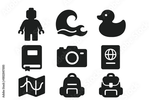 Mini Adventure Icons. Solid style icons of Mini Adventure Stories: Toy Figure, Ocean Current, Rubber Duck, Journal, Camera,