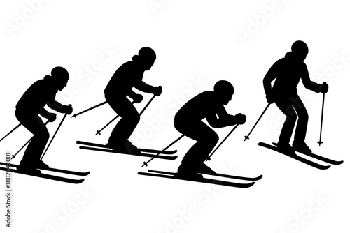 A black silhouette of skiers in motion, a winter sports vector illustration featuring skiing poses with poles, downhill action, isolated on a white background