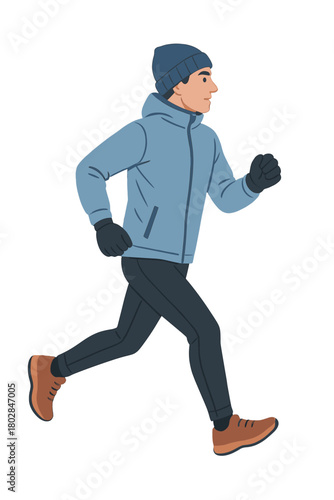 A man jogging outdoors in the city during winter, wearing a hat, gloves, and a windproof sports jacket, exemplifies an active and healthy lifestyle