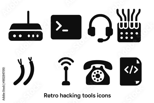Retro Hacking Icons. Solid style icons of Retro Hacking Tools: Modem, Terminal, Headset, Switchboard, Wires, Signal, Phone, Code