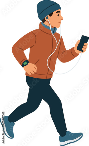 The banner shows a man running outdoors in cold weather, wearing sportswear, a smartwatch, earphones, and a phone, while listening to music during his winter training