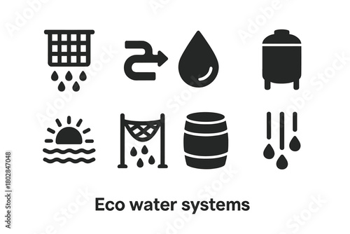 Eco Water Icon Set. Solid style icons of Eco Water Systems: Vertical Net, Pipe Flow, Droplet Symbol, Water Tank, Sunlight Horizon,