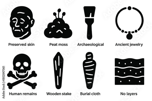 Bog Body Icons. Solid style icons of Bog Body: Preserved Skin, Peat Moss, Archaeological Brush, Ancient Jewelry, Human Remains,