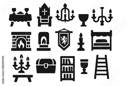 Castle Interior Icons. Solid style icons of castle interiors: banquet table, throne, chandelier, fireplace, tapestry, goblet,