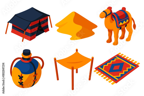 Desert Nomad Essentials. Isometric vector illustration set Desert Nomad: Desert Tent, Sand Dune, Camel Saddle, Water Flask,