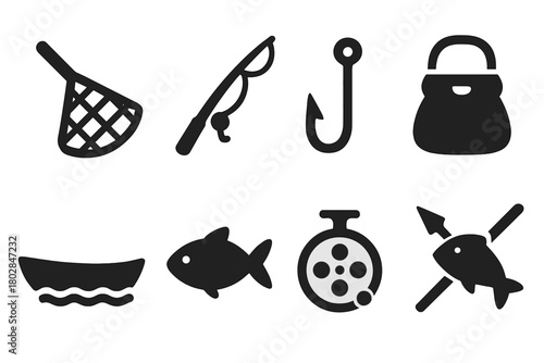 Traditional Fishing Icons. Solid style icons of Traditional Fishing: Net, Rod, Hook, Basket, Boat, Fish, Reel, Spear, No text, No