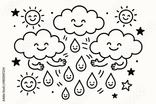 Playful Clouds and Raindrops. Funny doodle vector composition of condensation clouds juggling happy raindrops while doodle suns