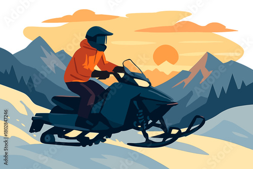 An athlete rides a snowmobile across the mountains at sunset