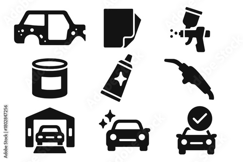 Restoration Project Icons. Solid style icons of Restoration Project: rusted frame, sandpaper, spray gun, primer can, chrome polish