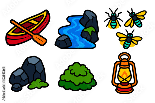 Subterranean River Adventure. Isometric vector illustration set Subterranean River: Canoe, Water Stream, Bioluminescent Insects,