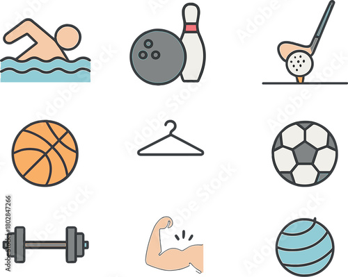 Vector sports line icons featuring swimming, bowling, golf, basketball, cloakroom, football, workout, fitness, and fitball outline pictograms for healthy activity, all with editable strokes