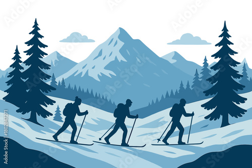 Silhouette of a snowy valley with skiers amid a winter mountain landscape