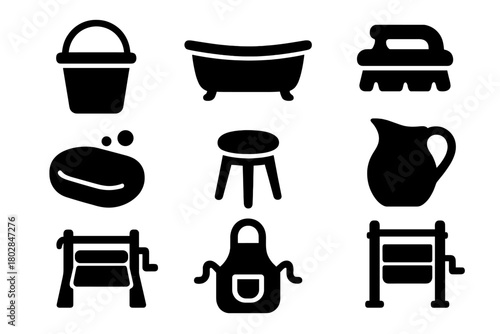 Washday Icons. Solid style icons of Washday Routine: Bucket, Tub, Scrubbing Brush, Soap, Stool, Water Pitcher, Wringer, Apron, No