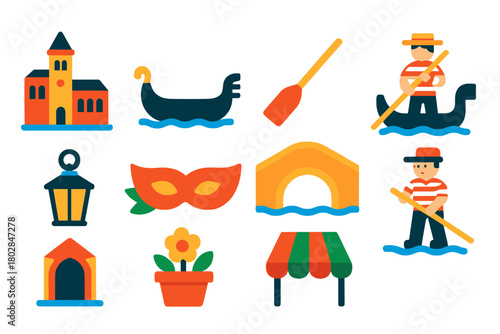 Venetian Gondola Icons. Flat vector icons of Gondola Ride: Venice, gondola, oar, bridge, gondolier, water, lantern, building, mask