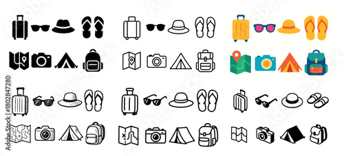 Travel icons collection: bags, hats, maps