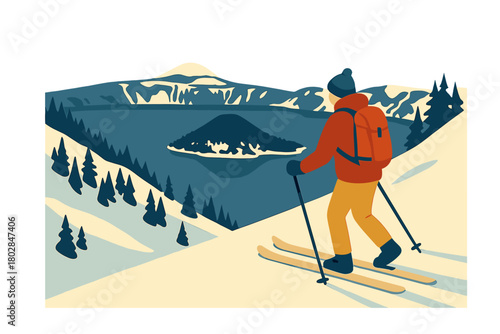 A man wearing a red jacket backcountry skis close to Crater Lake, Oregon during winter