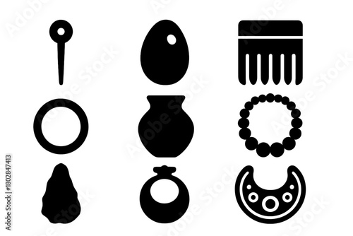 Ancient Artifacts Icons. Solid style icons of Ancient Artifacts: Bronze Pin, Amber Bead, Wooden Comb, Metal Ring, Clay Vessel,