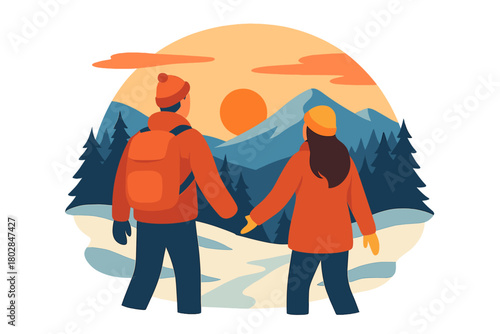 Take a break in the mountains as a family couple strolls hand in hand through the snowy pine peaks at sunset, embodying winter recreation and tourism
