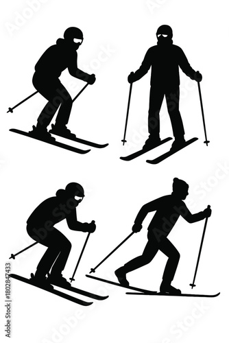 Vector set of a winter skier silhouette: isolated vector design of a ski silhouette