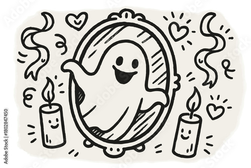 Playful Phantom Reflection. A doodle of a playful phantom peeking out of a mirror, surrounded by giggling ribbons, glowing hearts,