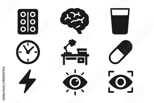 Cognitive Enhancement Icons. Solid style icons of Cognitive Enhancement: Pill Pack, Brain Symbol, Glass of Water, Clock, Study