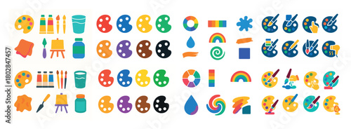 Colorful art tools and paint palettes