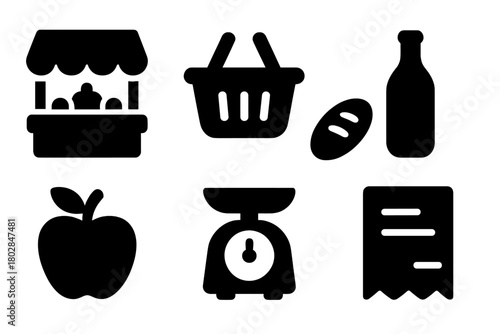 Local Grocer Icons. Solid style icons of Local Grocer: Market Stall, Basket, Bottle, Bread, Apple, Cheese, Scale, Note, No text,