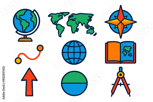 Flat Atlas Icons. Flat vector icons of Atlas: globe, world map, compass rose, navigation lines, meridian, longitude, latitude,