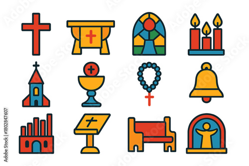 Religious Icon Set. Flat vector icons of Religious Symbols in Cathedrals: cross, altar, stained glass, candles, spire, chalice,