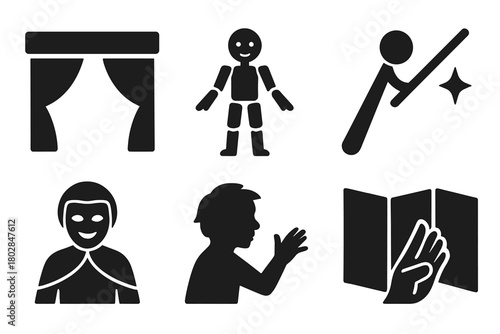 Puppet Performance Icons. Solid style icons of Puppet Performance: Curtain Stage, Articulated Puppet, Rod Stick, Light Beam,