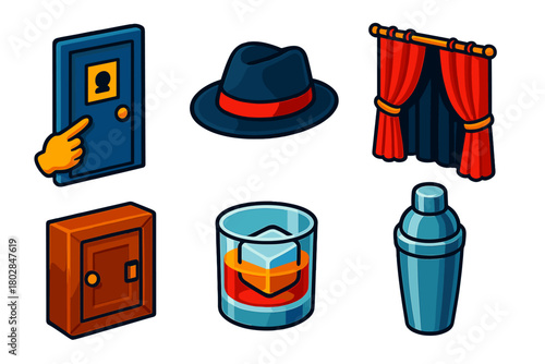 Speakeasy Icon Set. Isometric vector illustration set Speakeasy: Secret Password, Fedora, Velvet Curtain, Hidden Door, Whiskey