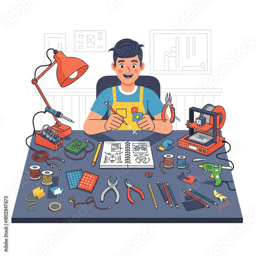 Young boy engaged in electronics and robotics hobby at a cluttered desk with various tools.