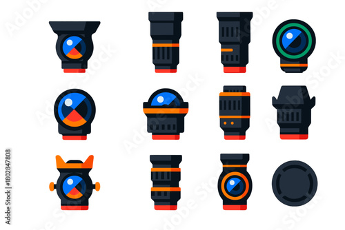 Camera Lens Icons. Flat vector icons of camera lenses: wide-angle lens, telephoto lens, zoom lens, prime lens, fisheye lens, macro